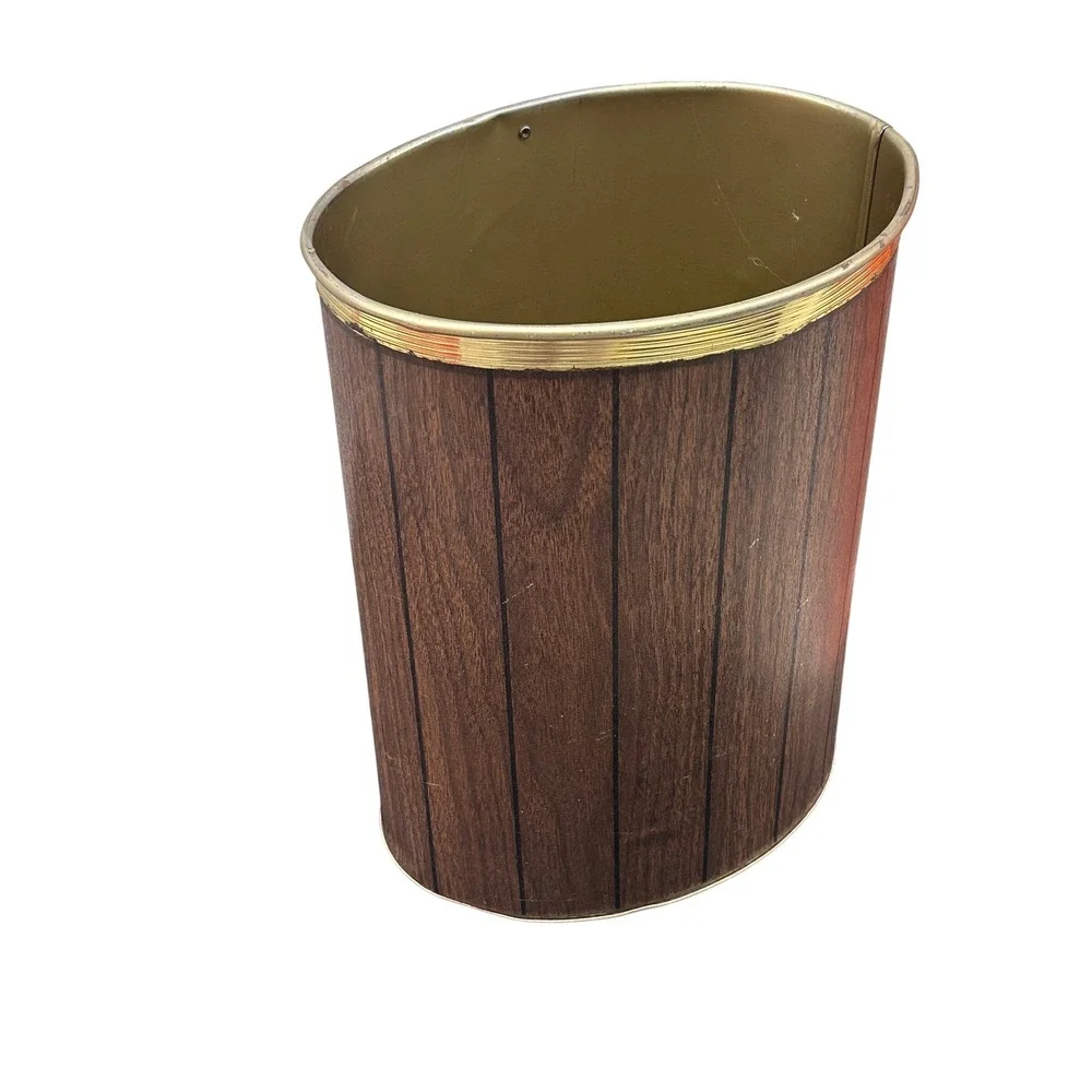 Vintage Pearl-Wick Faux Wood Grain Metal Wastebasket MCM Gold Trim Trash Can